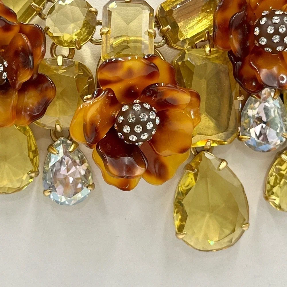 J. Crew Tortoise Shell Flower Asymmetrical Pave Yellow‎ Rhinestone Bib Necklace